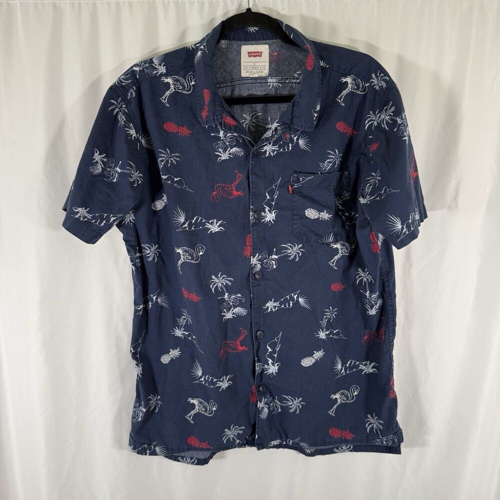 Levis Polo Shirt Men's Large Blue Pineapple Palm Trees Short Sleeve Button Up